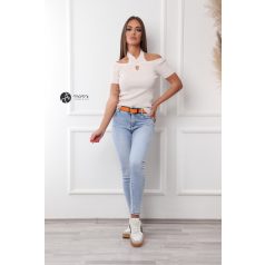 Nyakpántos rövid ujjú bordás felső bézs