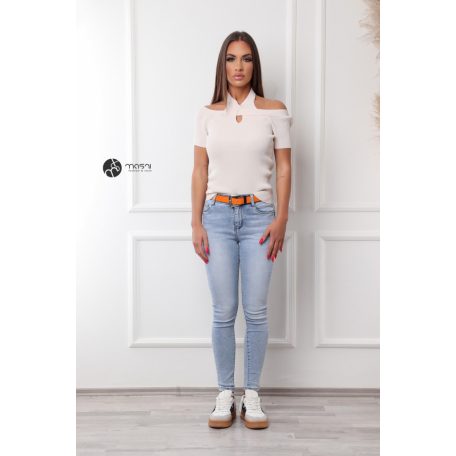 Nyakpántos rövid ujjú bordás felső bézs