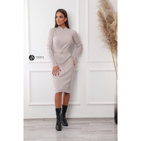 Magas nyakú öves kötött ruha bézs