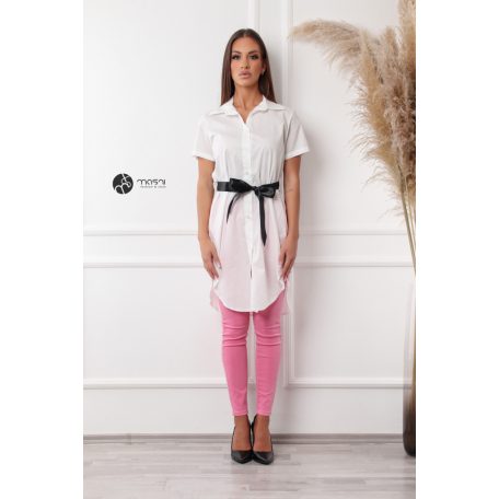 Rövid ujjú vászon ingruha fekete övvel fehér