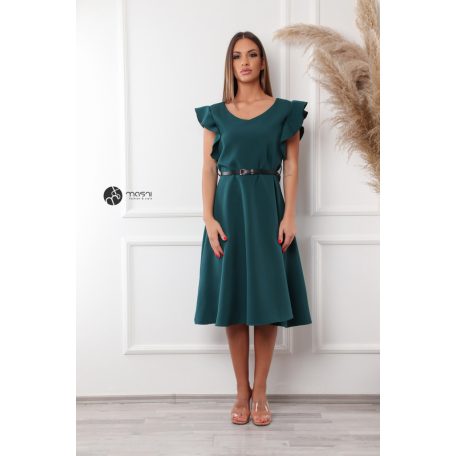 V nyakú fodros vállú ruha zöld