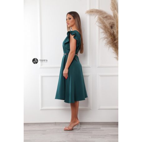 V nyakú fodros vállú ruha zöld