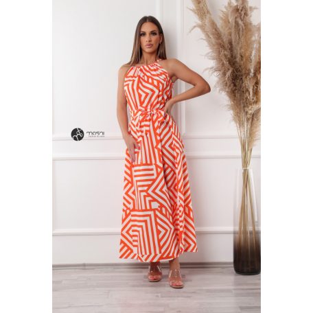 COLINE maxi ruha narancs/fehér geometrikus mintás