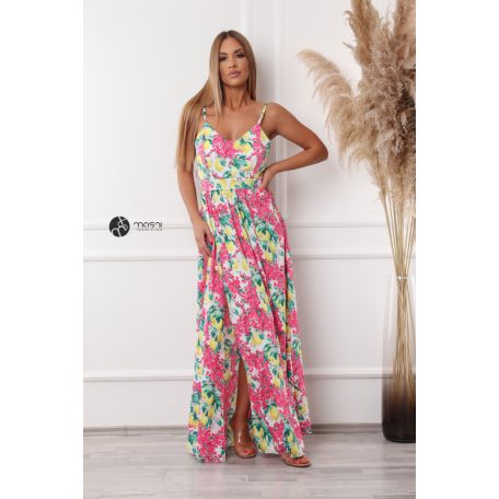 SARAH maxi ruha pink virágos & citrom mintás