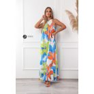 Nyakbakötős kék - narancs - lime mintás hidegselyem maxi ruha 