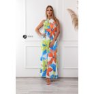 Nyakbakötős kék - narancs - lime mintás hidegselyem maxi ruha 