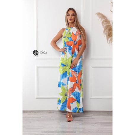 Nyakbakötős kék - narancs - lime mintás hidegselyem maxi ruha 