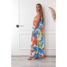 Nyakbakötős kék - narancs - lime mintás hidegselyem maxi ruha 