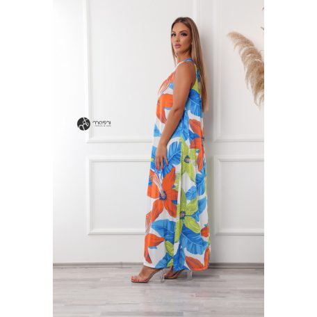 Nyakbakötős kék - narancs - lime mintás hidegselyem maxi ruha 