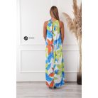 Nyakbakötős kék - narancs - lime mintás hidegselyem maxi ruha 