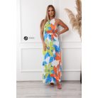 Nyakbakötős kék - narancs - lime mintás hidegselyem maxi ruha 