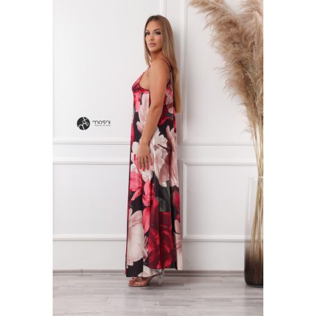 Virágos szatén maxi ruha bézs/mályva virágos