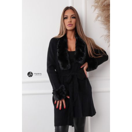 Szőrme galléros kötött kardigán fekete