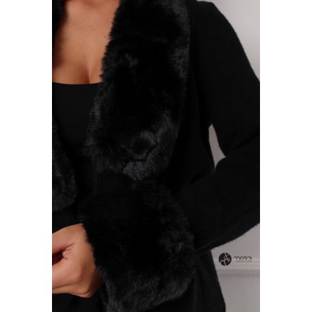 Szőrme galléros kötött kardigán fekete