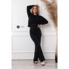 Kapucnis pulcsis, bőszárú nadrágos kötött szabadidő szett fekete