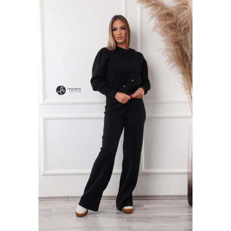 Kapucnis pulcsis, bőszárú nadrágos kötött szabadidő szett fekete