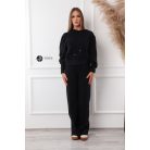 Kapucnis pulcsis, bőszárú nadrágos kötött szabadidő szett fekete