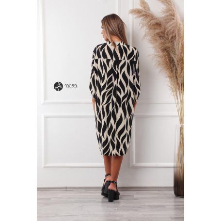 V nyakú mintás tunika ruha bézs fekete
