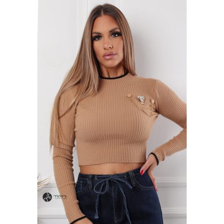 Baglyos kitűzős rövid derekú kötött felső barna