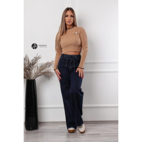 Baglyos kitűzős rövid derekú kötött felső barna