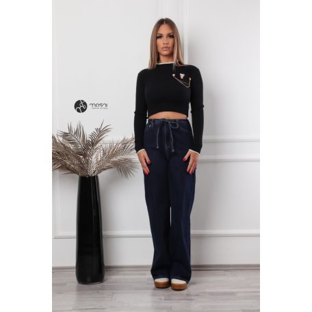 Baglyos kitűzős rövid derekú kötött felső fekete