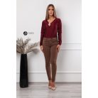 V nyakú, hosszú ujjú, arany kellékes poli body bordó