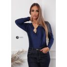 V nyakú, hosszú ujjú, arany kellékes poli body sötétkék