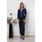 V nyakú, hosszú ujjú, arany kellékes poli body sötétkék