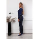 V nyakú, hosszú ujjú, arany kellékes poli body sötétkék