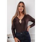 V nyakú, hosszú ujjú, arany kellékes poli body csoki barna