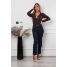 V nyakú, hosszú ujjú, arany kellékes poli body csoki barna