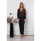 V nyakú, hosszú ujjú, arany kellékes poli body csoki barna