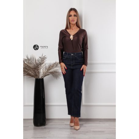 V nyakú, hosszú ujjú, arany kellékes poli body csoki barna