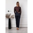 V nyakú, hosszú ujjú, arany kellékes poli body csoki barna