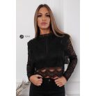 Fodros hosszú ujjú csipke felső fekete