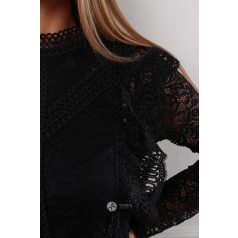 Fodros hosszú ujjú csipke felső fekete