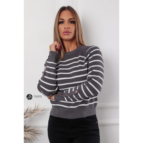 Ujján arany gombos csíkos kötött pulcsi szürke