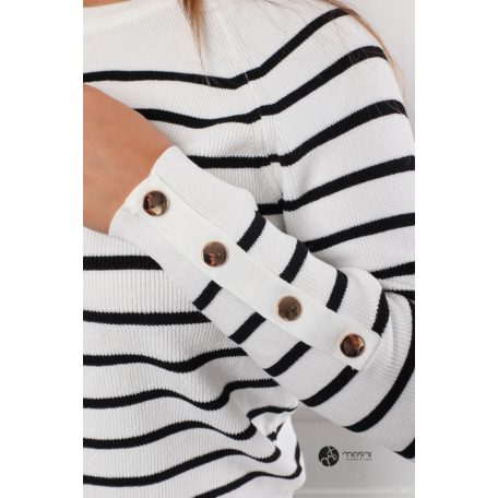Ujján arany gombos csíkos kötött pulcsi fehér