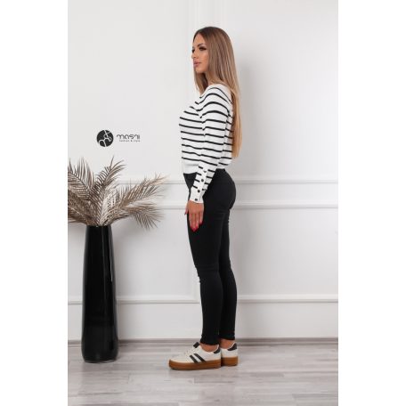 Ujján arany gombos csíkos kötött pulcsi fehér