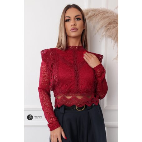 Fodros hosszú ujjú csipke felső burgundy