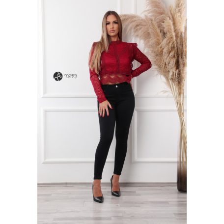 Fodros hosszú ujjú csipke felső burgundy