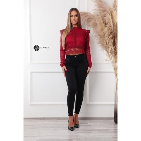 Fodros hosszú ujjú csipke felső burgundy