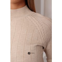 Magas nyakú anyagában csíkos kötött pulcsi bézs