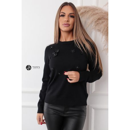 Szatén virágos kötött pulcsi fekete