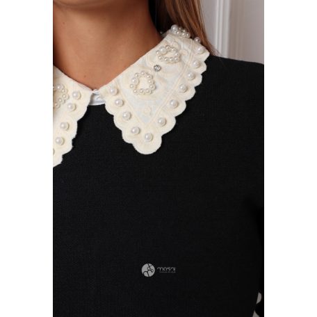 Hímzett + gyöngyös galléros kötött ruha fekete