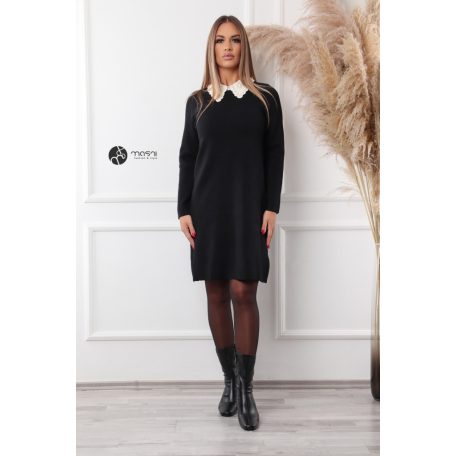 Hímzett + gyöngyös galléros kötött ruha fekete