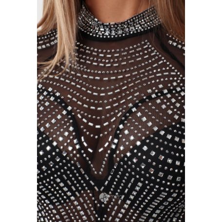 Magas nyakú kövezett body fekete