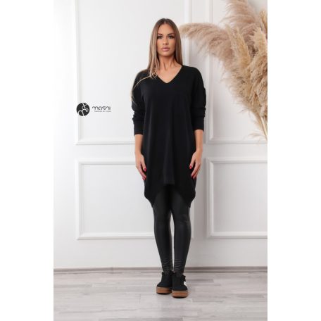 V nyakú kötött tunika/ruha fekete