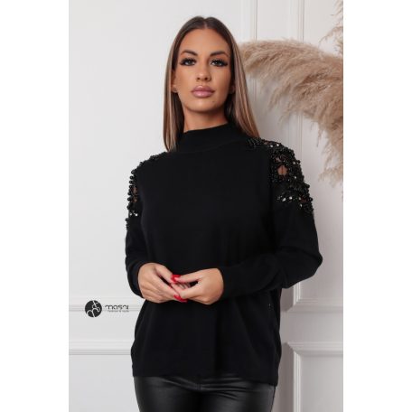Gyöngyös vállú kötött pulcsi fekete
