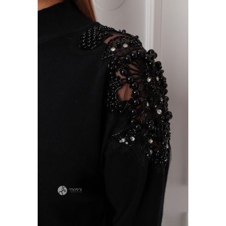 Gyöngyös vállú kötött pulcsi fekete